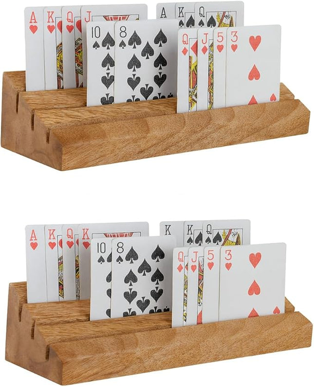 Wooden Playing Card Holder for Table Games, Card Storage and Display Card Holders for Playing Cards Stand Set of 2, for Adults Seniors Kids, 3 Slots