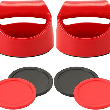 1 Set 100mm Air Hockey Pushers and Air Hockey Pucks Great Goal Handles Pushers Goal Handles Paddles Replacement Accessories - 2 Red Pushers and 4 Pucks (2 Red and 2 Black)
