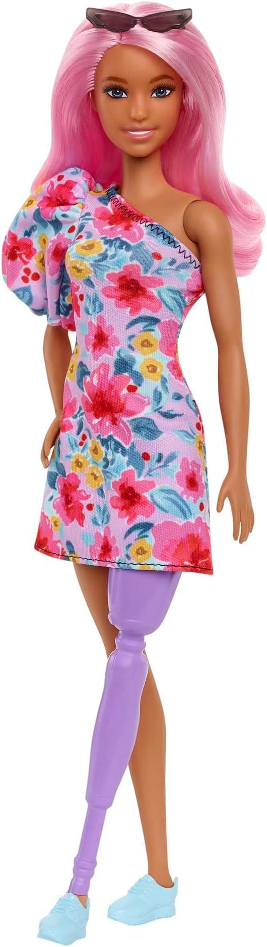 Barbie Fashionistas Doll #189 with Pink Hair & Prosthetic Leg Wearing Floral Dress & Accessories Including Sneakers & Sunglasses