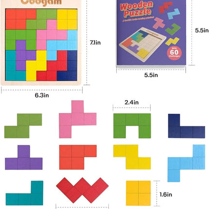 Coogam Wooden Puzzle Pattern Blocks Brain Teasers Game with 60 Challenges, 3D Russian Building Toy Wood Tangram Shape Jigsaw Puzzles Montessori STEM Educational Toys Gift for Kids Adults