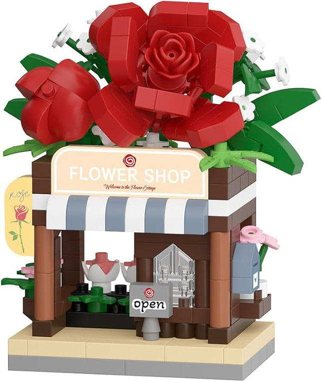 Red Roses Mini Flower Shop Building Toy Street City Store View Micro House Toys Festival Blocks Set for Home Decor Gifts