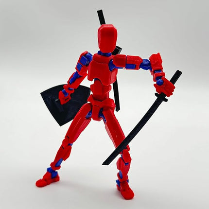 (Assembly Completed) 3D Printed Figure 5.54-inch Dummy13 with Weapon Expansion Set, Full Body Mechanical Movable Toy, Desk Decoration. (Red)