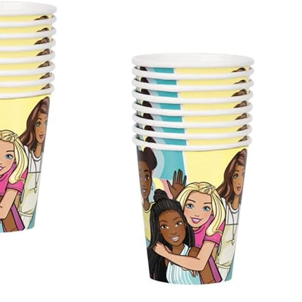 Unique Barbie Birthday Party Supplies Bundle includes 16 Party Paper Cups and 1 Dinosaur Sticker Sheet