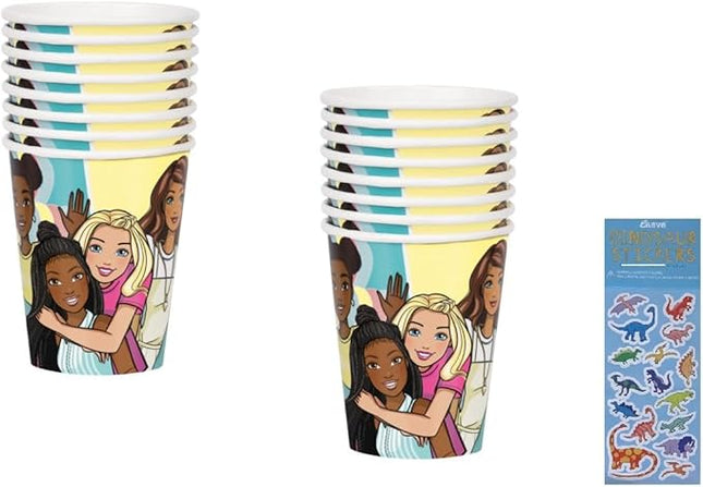 Unique Barbie Birthday Party Supplies Bundle includes 16 Party Paper Cups and 1 Dinosaur Sticker Sheet