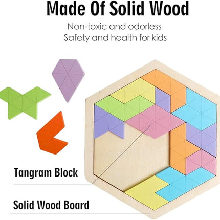 Skrtuan Wooden Hexagon Puzzle for Kid Adults Wooden Blocks Puzzle Brain Teasers Toy Shape Pattern Blocks Tangram Puzzles Games Family Portable Montessori Educational Gift for Kid Children