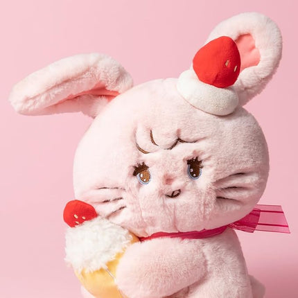 MINISO Mikko Bunny Cammy Plush Toy, 10" Strawberry Bunny Stuffed Animals, Sitting Soft Huggable Plush Dolls Cute Cartoon Cross-Dressing Gifts for Girls Birthday
