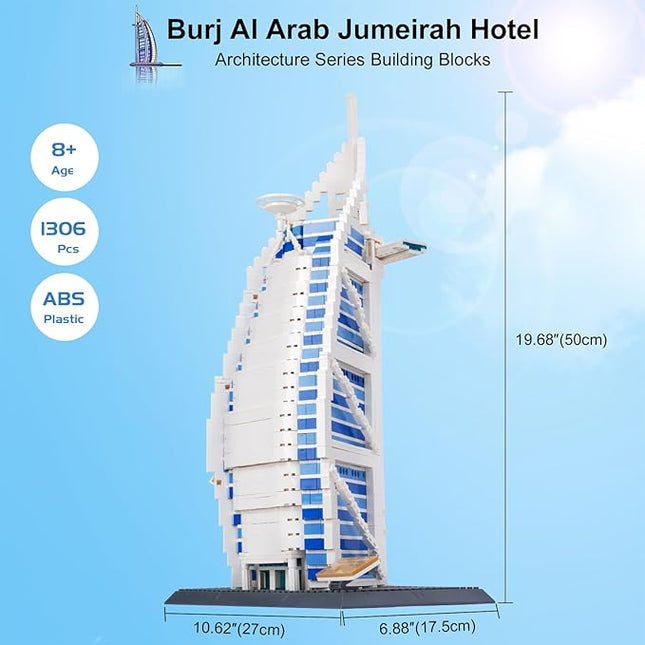 Building Blocks Set, Hotel Burj Al Arab Kit Model Brick Standard Size, World Famous Architecture Model, Birthday for Adults and Children 8+ 1306 Pieces