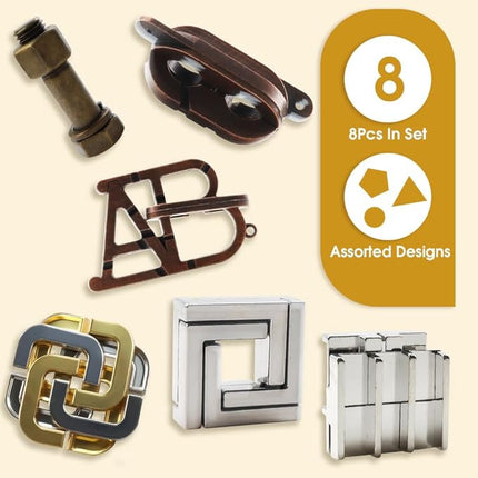 8PCS Brain Teaser Puzzles for Adults, Mind Puzzle Ancient Wooden and Metal Puzzles 3D Unlock Interlock IQ Education Puzzle Box Game for Adults