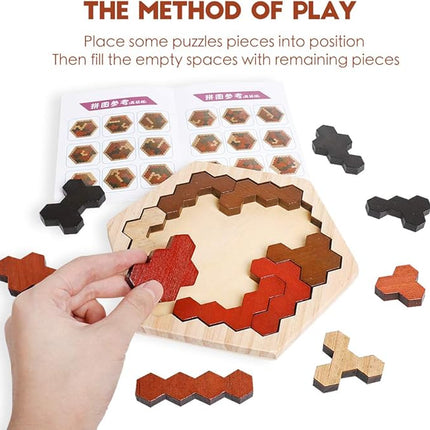 Skrtuan Wooden Hexagon Puzzle for Kids & Adults, Montessori STEM Educational Toy with Colorful Shapes, Logic IQ Brain Teaser Game for Kids, Geometry Tangram Gift