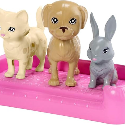 Barbie Play ‘n’ Wash Pets Playset with Brunette Doll, 3 Color-Change Animals (a Puppy, Kitten and Bunny) and 10 Pet and Grooming Accessories, Gift for 3 to 7 Year Olds