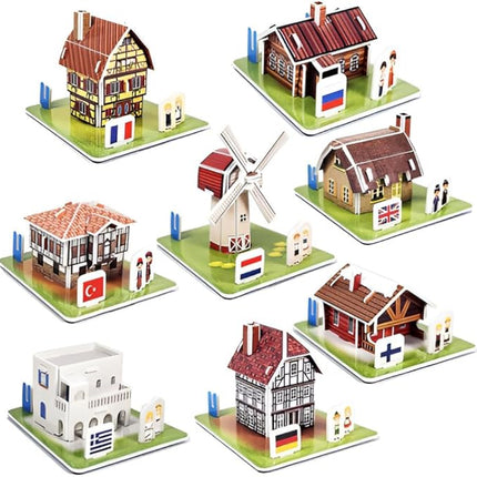 3D Puzzle Set - Traditional Houses Collection: Build 8 Country Models with Authentic Costumes, DIY Kit for Hobbyists, Creative Toy and Home Decor (Europe)