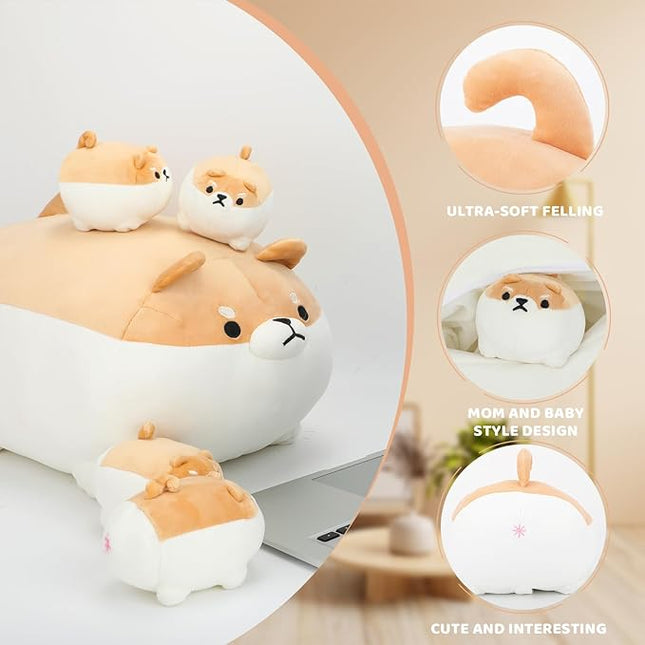 Shiba Inu Plush Pillow 16 Inches with Four Shiaba Babies in Mommy‘s Belly, Super Soft Cartoon Dog Stuffed Animal Shiba Inu Plush Gifts for Kids Birthday