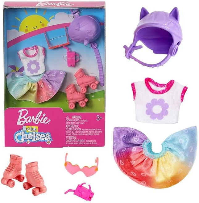 Barbie Rollerskating Set With Skates, helmet, sunglasses, shirt, skirt, drink box For 3+ years | for Chelsea Mattel FXN69