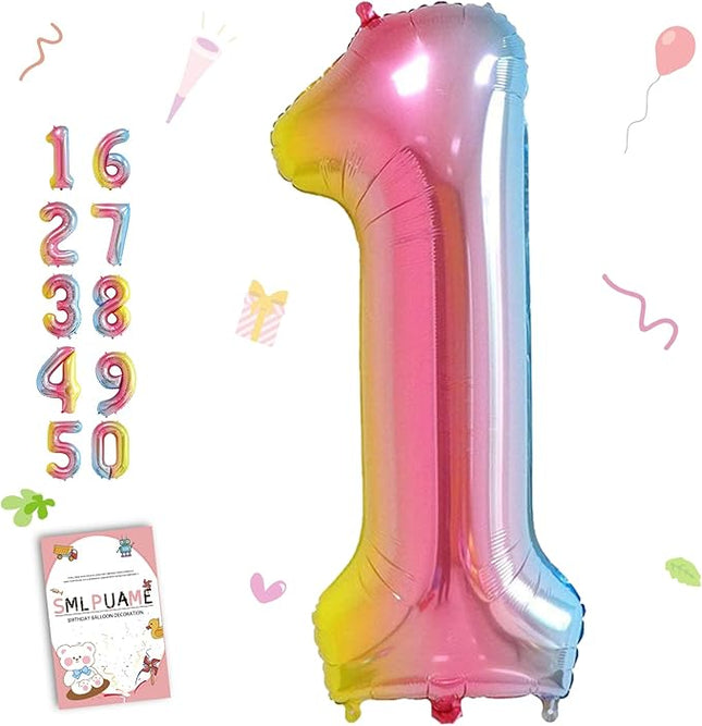 Smlpuame 40 Inch Number Balloons 0-9 Rainbow Gradient Large Number 1 Balloons, Digital Balloons for Birthday Party Celebration Decorations, Helium Foil Number Balloons for Wedding Anniversary