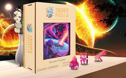 Wooden Jigsaw Puzzle for Adults - Challenging 300 Piece Puzzle with Cool Shapes - Space Astronaut Meteor Puzzle Art - Paranormal Collection (Cosmic Collision)