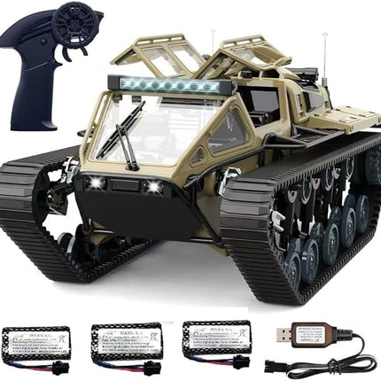 RC Tank Car, 1:16 Remote Control Crawler 10KM/H High Speed Tank, 2.4Ghz RC Rock Crawler Off-Road 4WD 360°Rotating Drifting Car, Military Truck Toy for Kids,3 Batteries