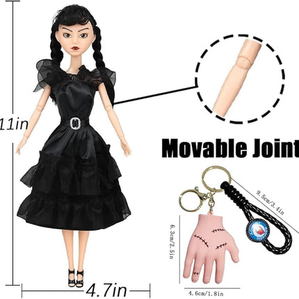 11.5'' Addams Doll with Gift Box, High Heels, Black Dress, and Hair, Perfect Christmas and Birthdays Toy Gift for Girls & Fans(A2)