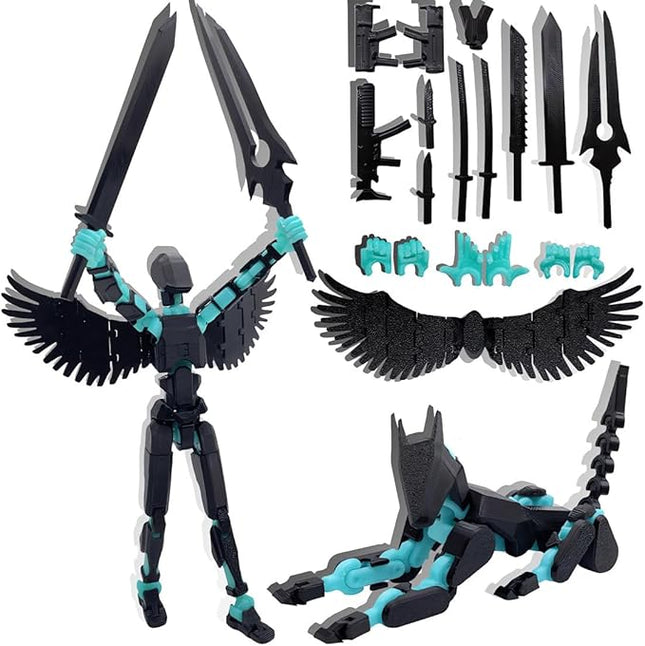 T13 Action Figures Set (Assembly Completed) Dummy 13 Titan 13 Robot Action Figure 3D Printed Robo Multi-Jointed Movable Action Figure Toy with Full Articulation (Black Blue Figure + Dog)