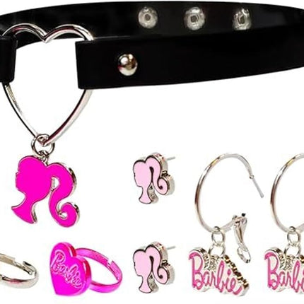 LUV HER Barbie themed 2-Piece Adjustable Ring Set, a pair of stud and hoop earrings, and a choker for Girls - Barbie Themed Charms, Universally Fitting & Stylish Gifts - Ages 4+