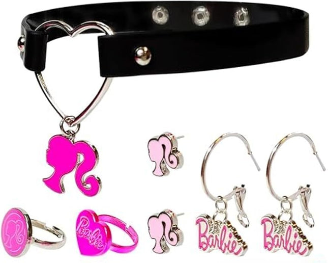 LUV HER Barbie themed 2-Piece Adjustable Ring Set, a pair of stud and hoop earrings, and a choker for Girls - Barbie Themed Charms, Universally Fitting & Stylish Gifts - Ages 4+
