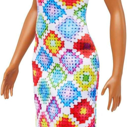 Barbie Fashionistas Doll #210 with Brunette Hair in Bun Wearing Removable Colorful Crochet Halter Dress, Sunglasses & Sandals