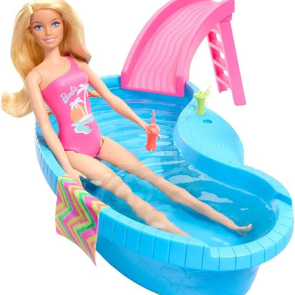 Barbie Doll & Pool Playset, Blonde in Tropical Pink One-Piece Swimsuit with Pool, Slide, Towel & Drink Accessories