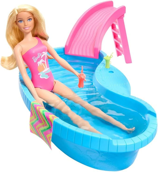 Barbie Doll & Pool Playset, Blonde in Tropical Pink One-Piece Swimsuit with Pool, Slide, Towel & Drink Accessories