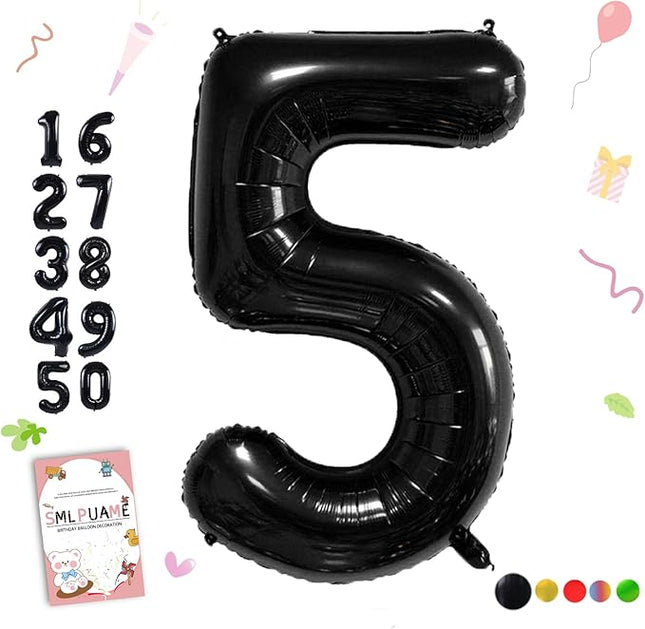 Smlpuame 40 inch Number Balloon 0-9 Black Large Number 5 Balloons,Digital Balloons for Birthday Party Celebration Decorations Supplies, Helium Foil Number Balloons for Wedding Anniversary