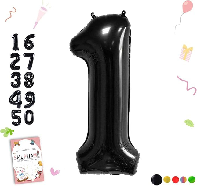 Smlpuame 40 inch Number Balloon 0-9 Black Large Number 1 Balloons,Digital Balloons for Birthday Party Celebration Decorations Supplies, Helium Foil Number Balloons for Wedding Anniversary