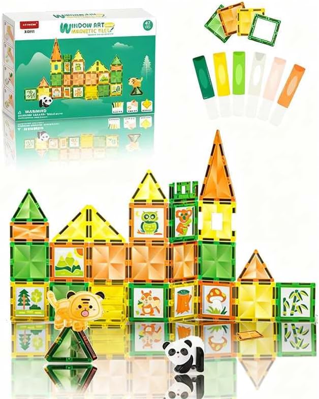 Magnetic Tiles - 47 Pcs Wildlife Building Blocks Set - Sensory Travel Toys for Toddler - STEM Construction Playboards Stacking Toy - DIY Window Art - Birthday Gifts for Boy, Girl