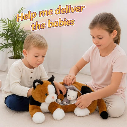 Chirpy Chums Classic Cat Family – Mommy Cat with 4 Kittens – 14” Ultra-Soft Plush Stuffed Animal Toy – Zipper Belly Surprise for Cuddles, Play & Gifts – 5-Piece Kitten Set for Kids Ages 3+