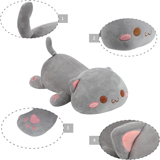 AFAN Cat Stuffed Animals Plush Cute Soft Cat Plush Pillow Toys Kawaii Plushies Room Decor Gifts for Kids Girls Boys (Round Eyes, Grey, 13.7 Inch)