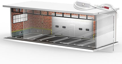 1/64 Scale Diecast Display Case for Hot Wheels Matchbox Cars, Toy Car Model Mini Garage with LED Light and Acrylic Cover, Stackable Parking Lot Diorama Storage for Collection Present