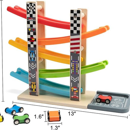 WOOD CITY Toddler Toys for 1 2 3 Years Old, Wooden Car Ramp Racer Toy Vehicle Set with 5/7 Mini Cars & Race Tracks, Montessori Toys Craft Gift for Toddlers Boys and Girls (ramp Racer-5 Layers)