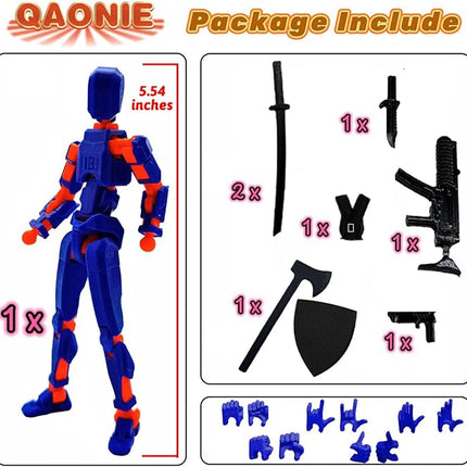 (Assembly Completed) 3D Printed Figure 5.54-inch Dummy13 with Weapon Expansion Set, Full Body Mechanical Movable Toy, Desk Decoration. (Dark Blue)