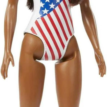 Barbie Doll with Beach Theme in American Flag Stars and Stripes Swimsuit, Brunette