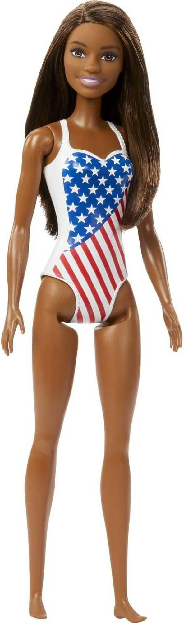 Barbie Doll with Beach Theme in American Flag Stars and Stripes Swimsuit, Brunette