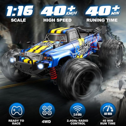 1:16 Scale RC Cars for Adult, Remote Control Car Fast 40KPH Hobby RC Cars for Boys Age 8+, 4x4 All Terrain Off-Road RC Truck for Kids with 2.4 GHz Remote Control 2 Rechargeable Batteries