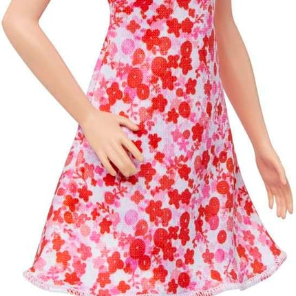 Barbie Fashionistas Doll #205 with Blonde Ponytail Wearing Removable Pink & Red Floral Dress, Platform Sandals & Hoop Earrings