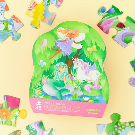 Crocodile Creek 36-Piece Jigsaw Floor Puzzle - Fun Floor Puzzles for Kids Ages 3-5 - Heavy-Duty Shaped Box for Storage - Magical Friends - 24" W x 18" H Finished