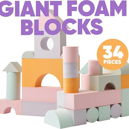 Set of 34 Jumbo Large Foam Blocks for Toddlers - Stacking Soft Blocks for Kids with Shapes & Colors Learning - Construction Building Preschool Toys - Giant Foam Bath Blocks for Toddlers 3-5 & above