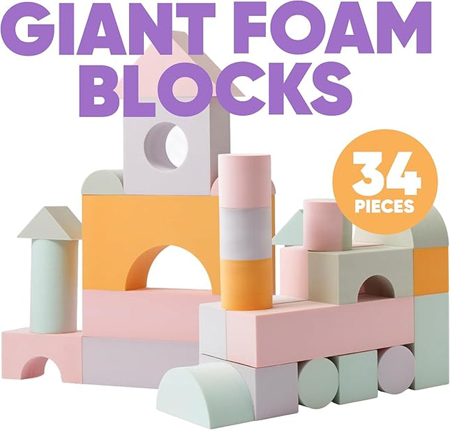 Set of 34 Jumbo Large Foam Blocks for Toddlers - Stacking Soft Blocks for Kids with Shapes & Colors Learning - Construction Building Preschool Toys - Giant Foam Bath Blocks for Toddlers 3-5 & above