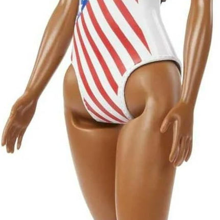 Barbie Doll with Beach Theme in American Flag Stars and Stripes Swimsuit, Brunette