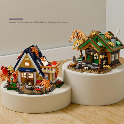 Forest Mini Wood Cabin Micro Building Set with LED Light Wooden Forest House Block Toy with Tree Log Stem Houses Construction Model for Adults Teens Birthday Gift