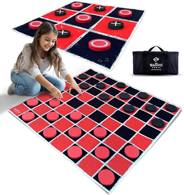 Swooc Games® - 2-in-1 Vintage Giant Checkers & Tic Tac Toe Game W/Mat (3ft x 3ft) - 100% Machine-Washable Canvas - Giant Outdoor Games for Kids - Yard Game for Kids - Jumbo Lawn Set - Large Checkers
