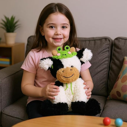 Hopearl Adorable Plush Cow Toy with Cute Tiny Knitted Frog Hat Floppy Dairy Cattle Soft Stuffed Animal Gifts for Boys Girls Kids Toddlers, 9''