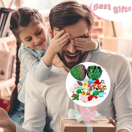 25 pcs Mini 3D Printed Animal Figurines Set with Dragon Egg: Articulated, Flexible, and Exquisitely Cute Fidget Toys for Play and Display for Valentine's Day, Easter, Bithday.