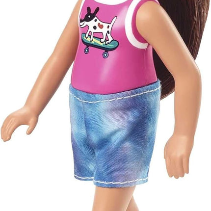 Barbie Chelsea Doll (6-inch Brunette) Wearing Sparkly Skirt, Molded Unicorn Top & Green Shoes, Gift for 3 to 7 Year Olds