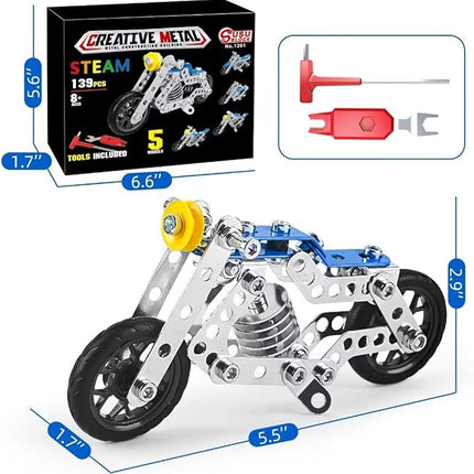 Creative Set Motorcycle,Stem Building Projects Toys for Kids 8 9 10 11 12+ Year Old,Metal Building Construction Model kit, 5 in 1 Motobike Building Blocks Steam Educational Toys(139PCS)
