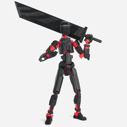 Pre-Assembly 3D Printed 5.54'' Dummy13 Action Figure, Multi-Jointed Tian13, Articulated T13 Desktop Decoration,12 in 1 Accessories, Best Birthday Festival Gift (Black+red)